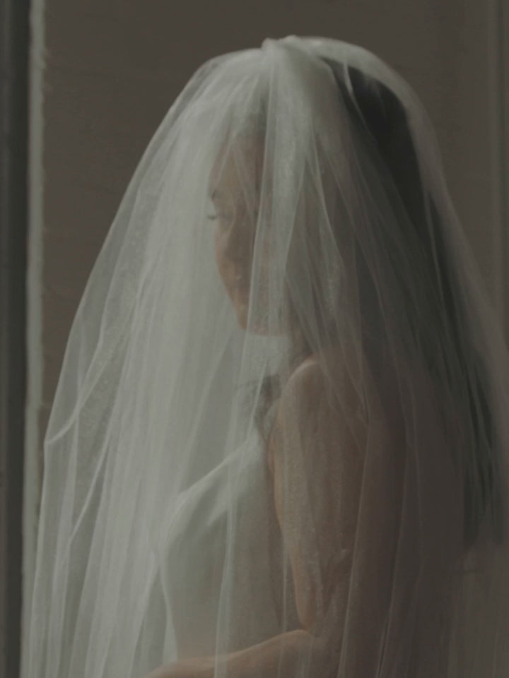 puffy two layer cathedral length wedding veil in bride's downdo curled hair