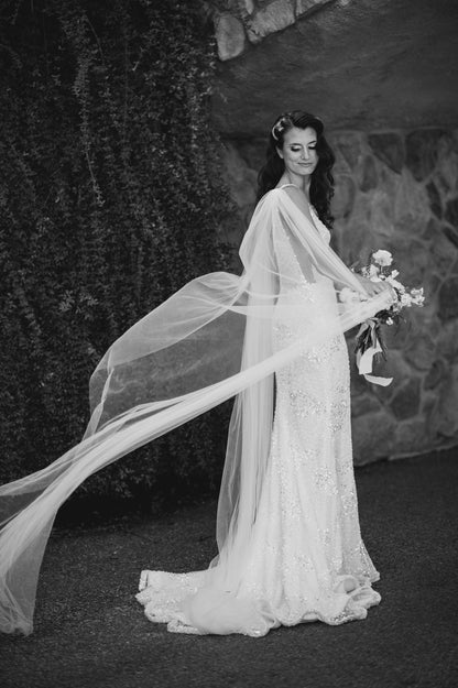 hollywood style glam dress with cathedral length bridal wing sleeves that are detachable