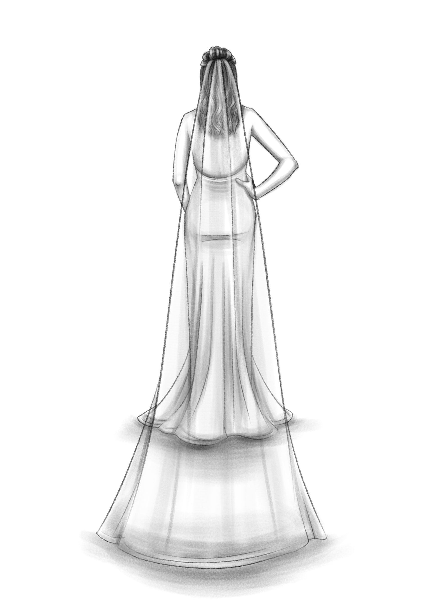beautiful long narrow bridal veil sketch with fit and flare gown
