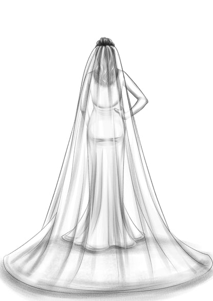 personalized sketch of bride wearing the veil in half up half down hairstyle and scoop back dress
