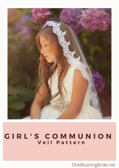 little girl in garden in first holy communion dress and lace circle cut catholic veil