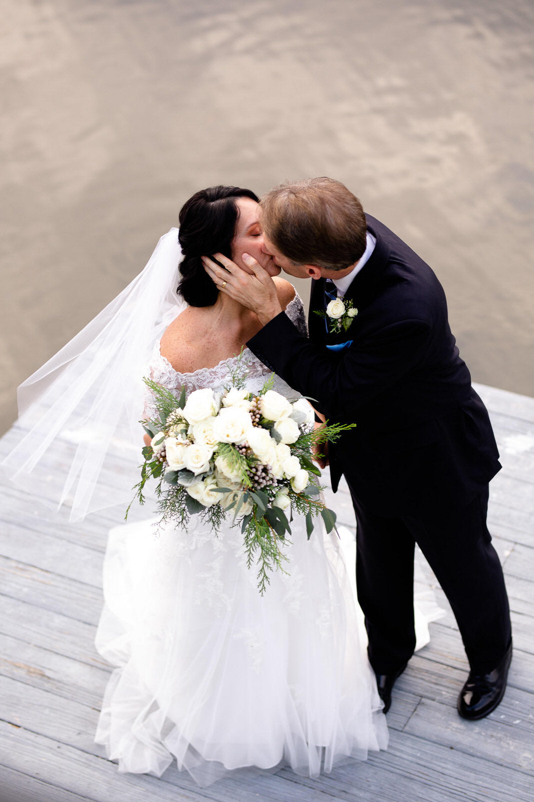 off the shoulder dress and elbow length raw edge veil for pier wedding