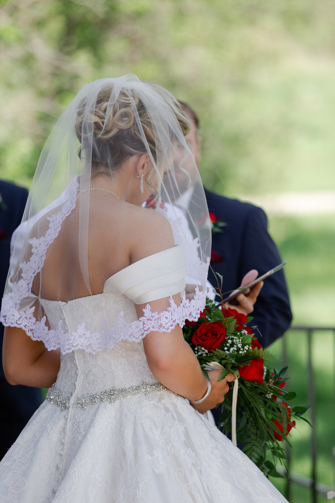 One Blushing Bride Elbow Length Wedding Veil with Beaded Lace Trim, Short Bridal Veil White / Elbow 22-25 inch / No Beading