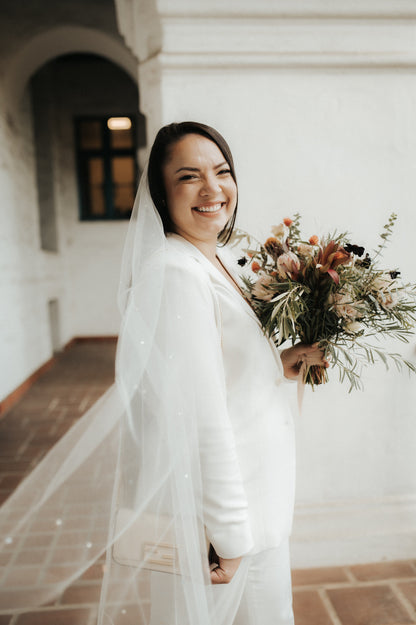 One Blushing Bride Lace Fingertip Wedding Veil, White / Off White / Ivory Bridal Veil White / Fingertip 38-40 inch / No Beading