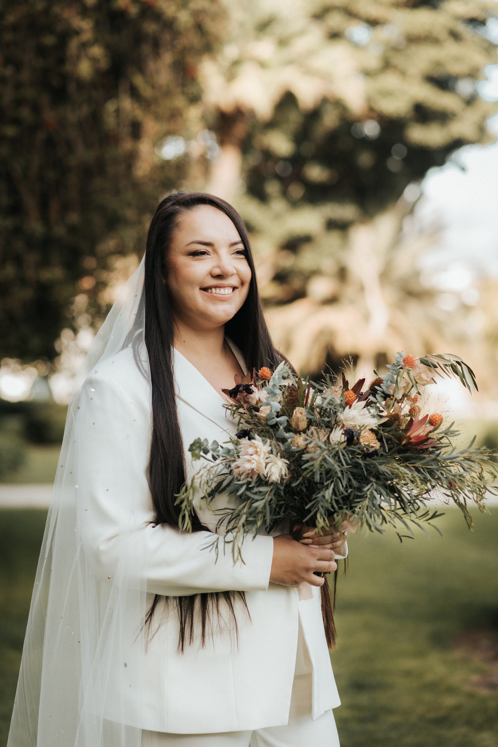 glimmer rhinestone bridal veil with white pantsuit 