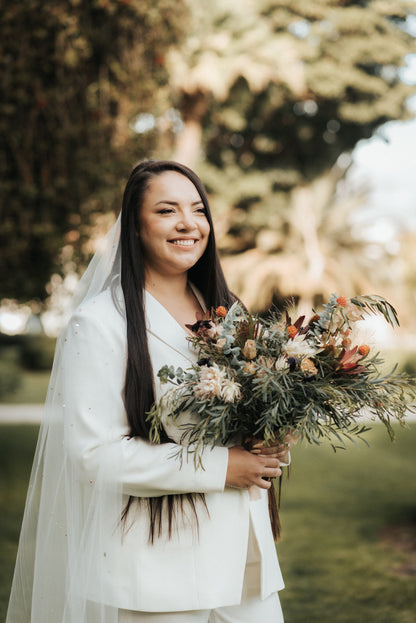 glimmer rhinestone bridal veil with white pantsuit 