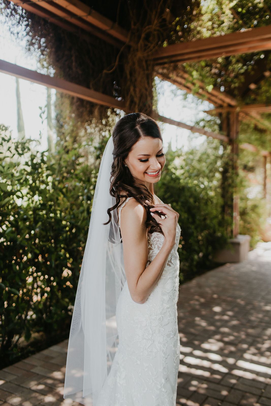 lace sheath dress and fingertip raw edge wedding veil