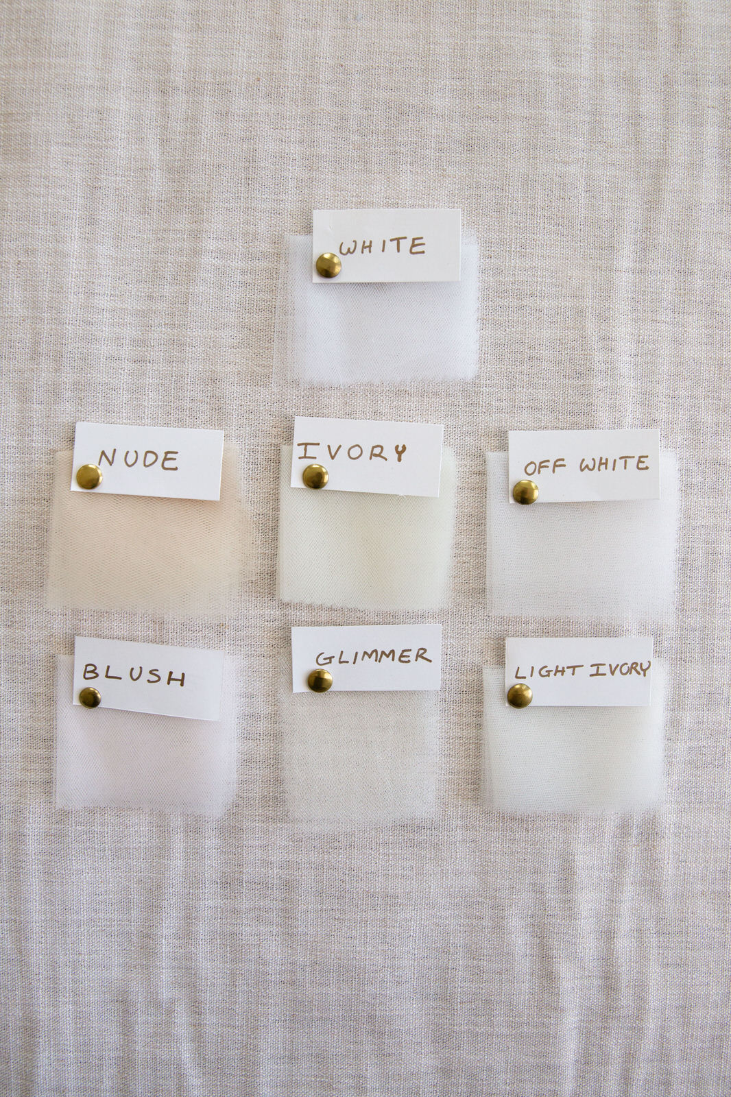 white off white and nontraditional color swatches for custom bridal veils and wedding accessories