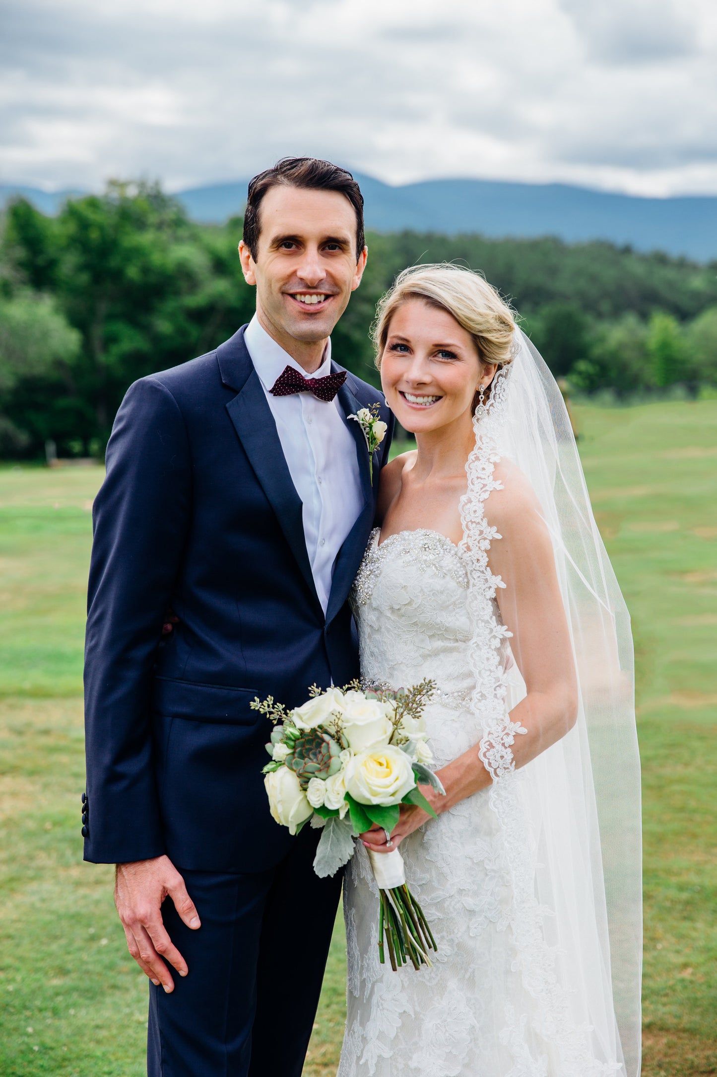 Bride and Groom in Rustic Outdoor Wedding, Navy Blue Suit and Lace Wedding Veil with Updo
