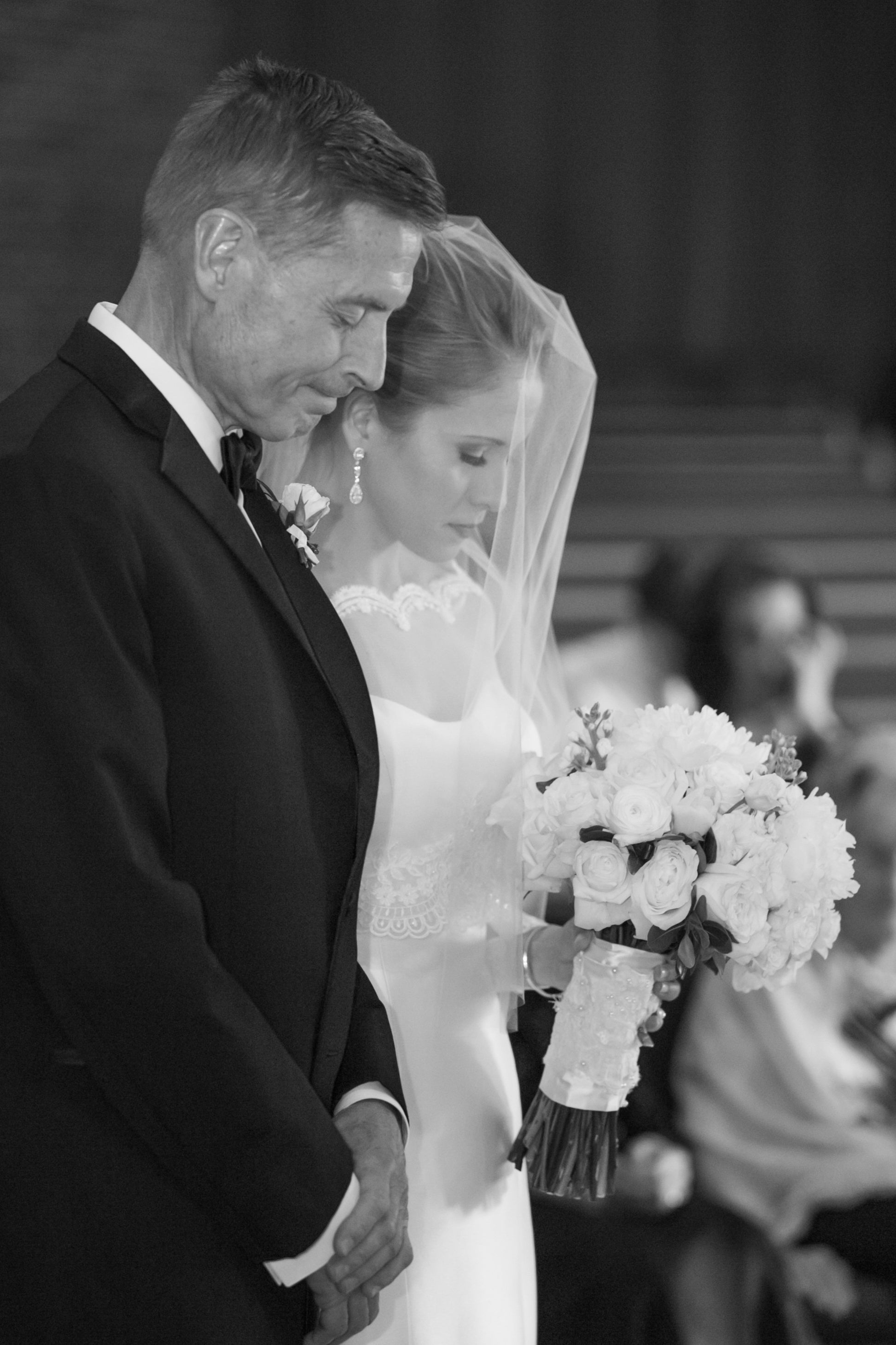 classic blusher wedding veil on bride walking down aisle with Dad