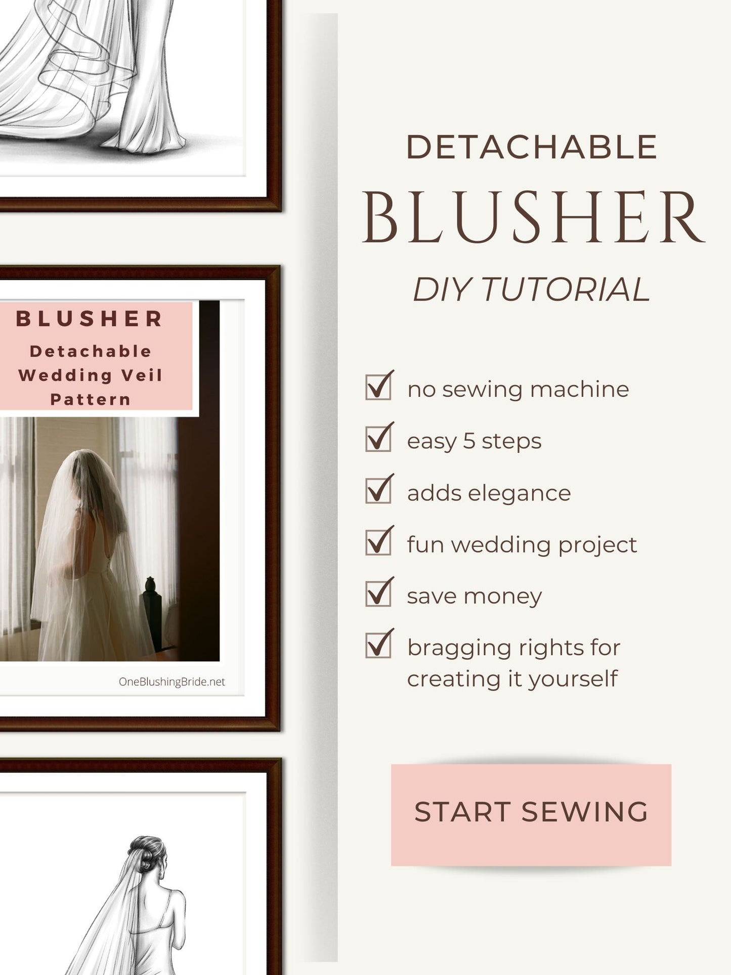 do it yourself tutorial for how to make your own blusher wedding veil without sewing machine