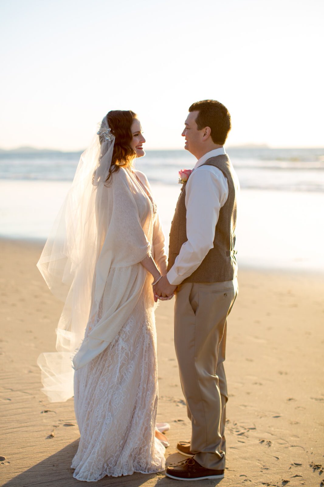 romantic beach wedding with juliet cap bridal veil