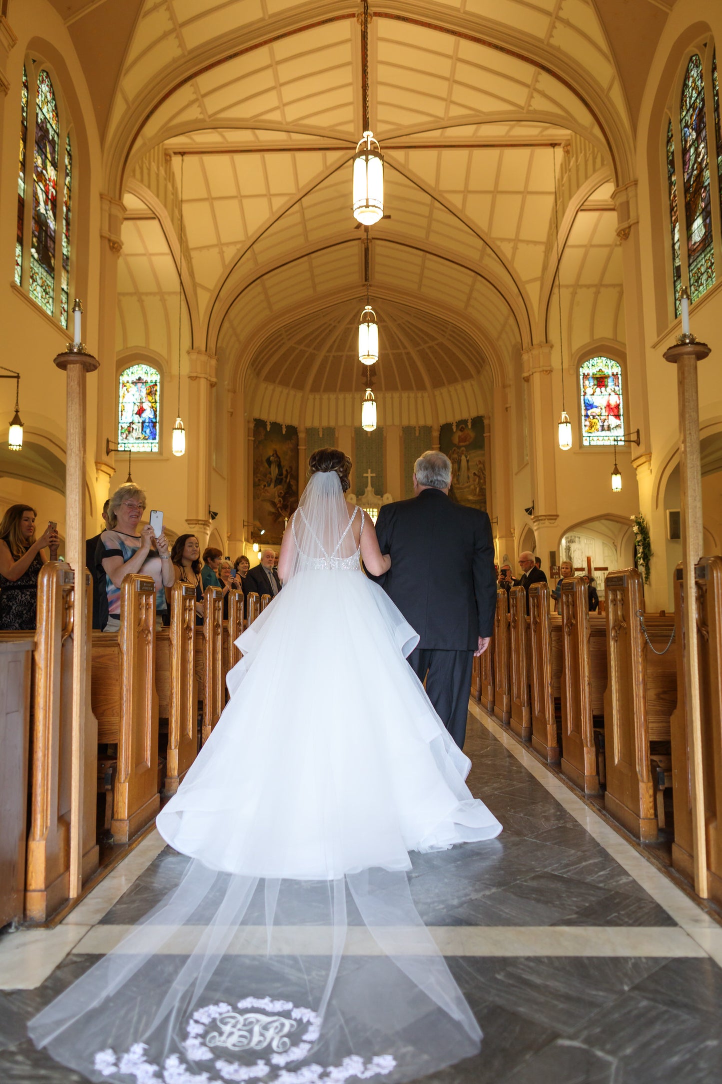 dramatic monogrammed wedding veil with embroidery and lace