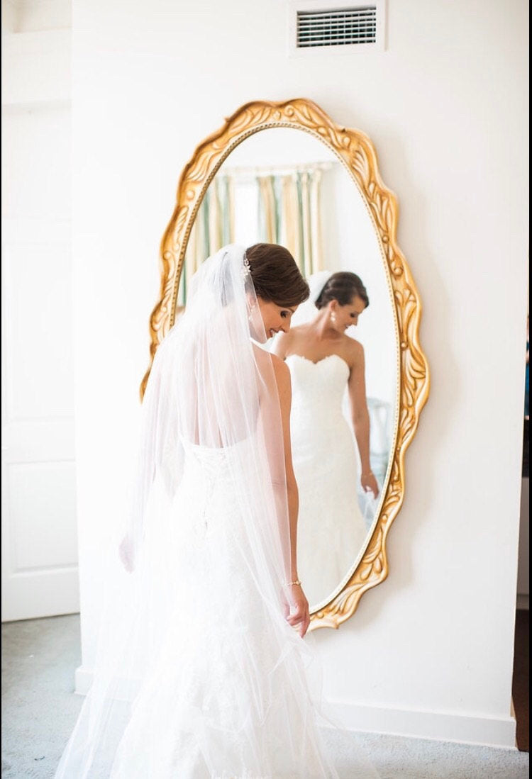 One Blushing Bride Chapel Length Wedding Veil, Simple Raw Edge Bridal Veil, White / Ivory Blush / Cathedral Length