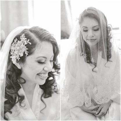 blusher wedding veil with wide lace trim and downdo