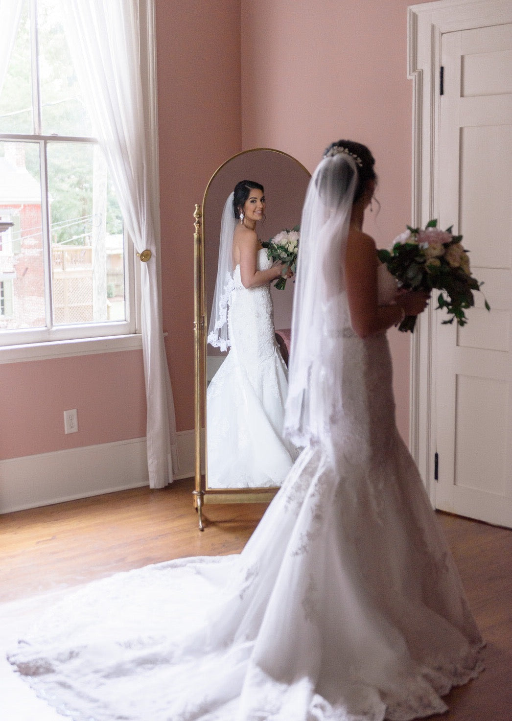 mid-length lace bridal veil with lace gown tutorial