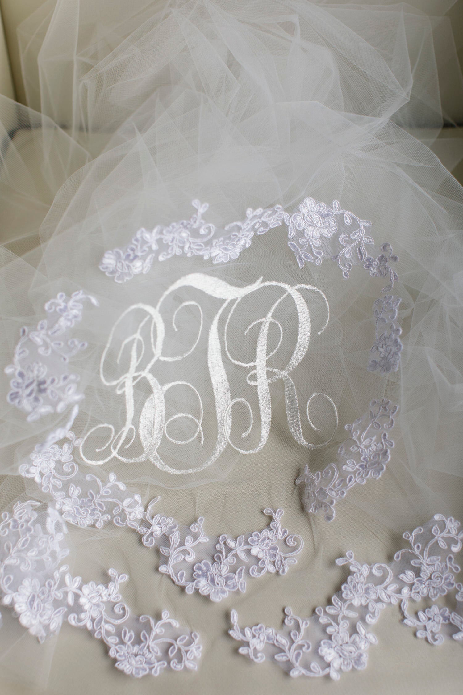 monogrammed married letter embroidered veil in off white