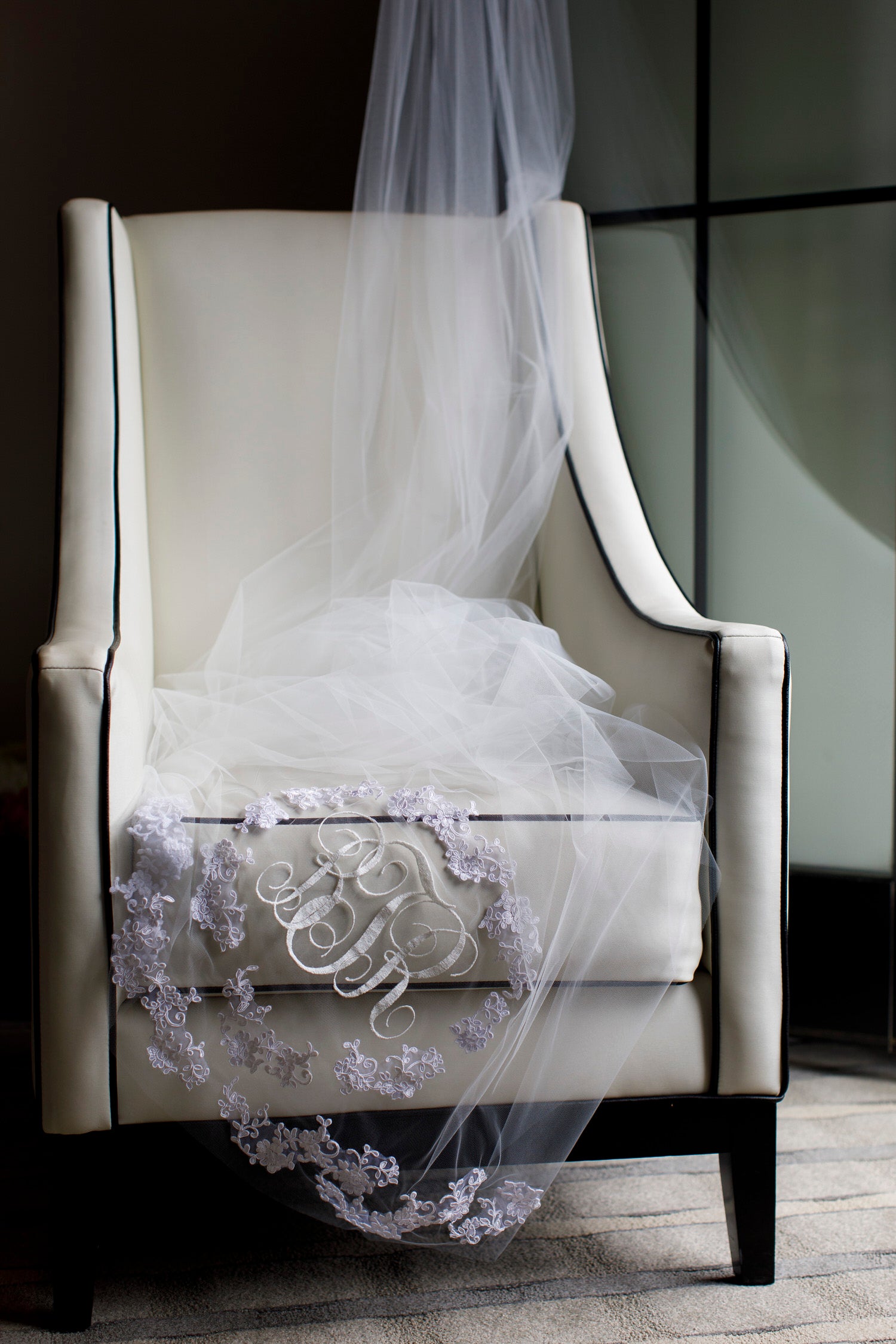 monogrammed long wedding veil with embroidered lace appliques