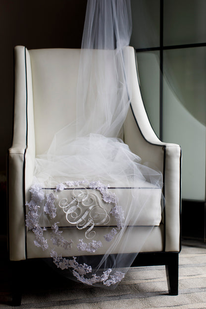 monogrammed long wedding veil with embroidered lace appliques