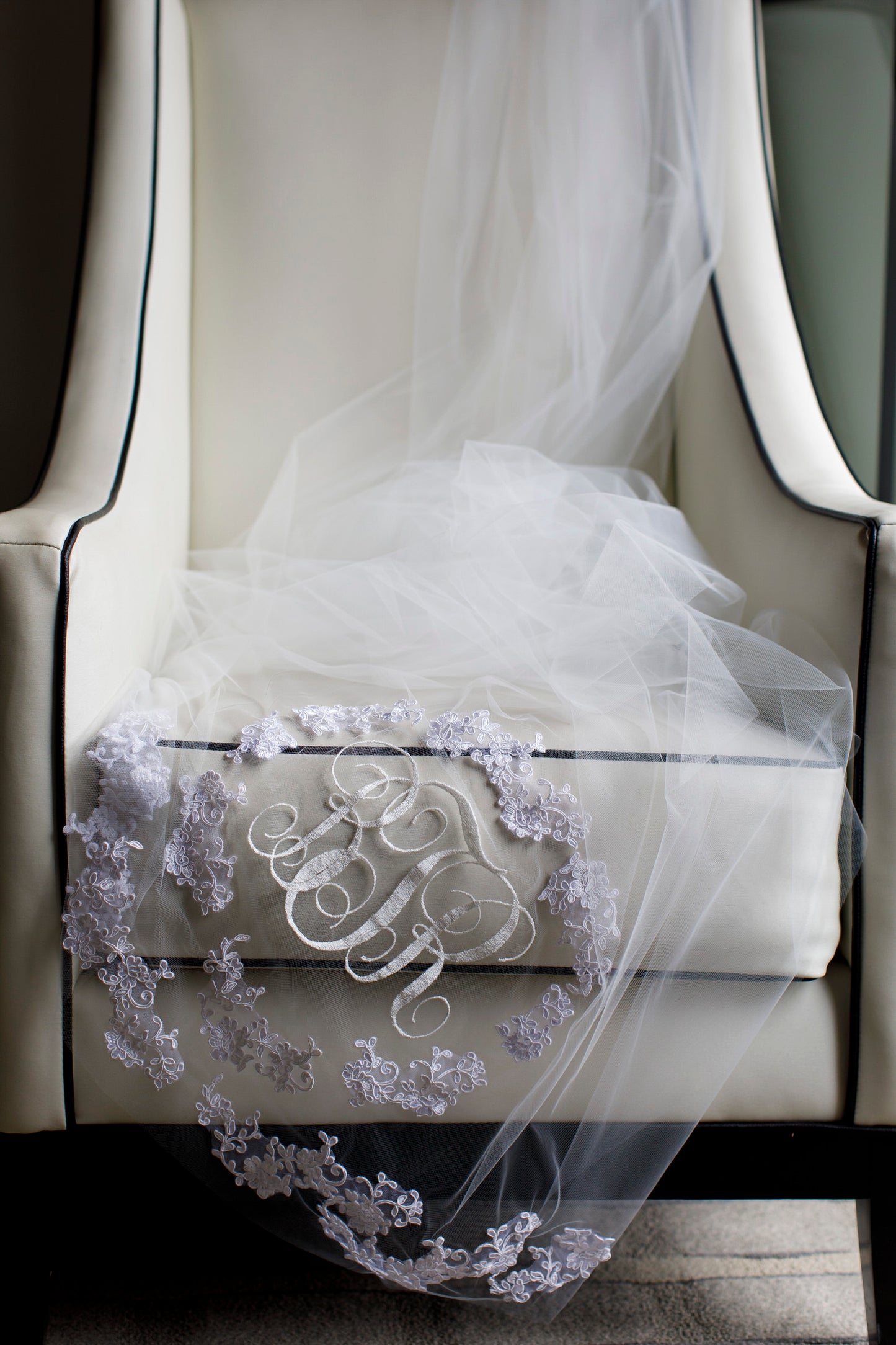 long chapel length bridal veil with embroidery and lace appliques