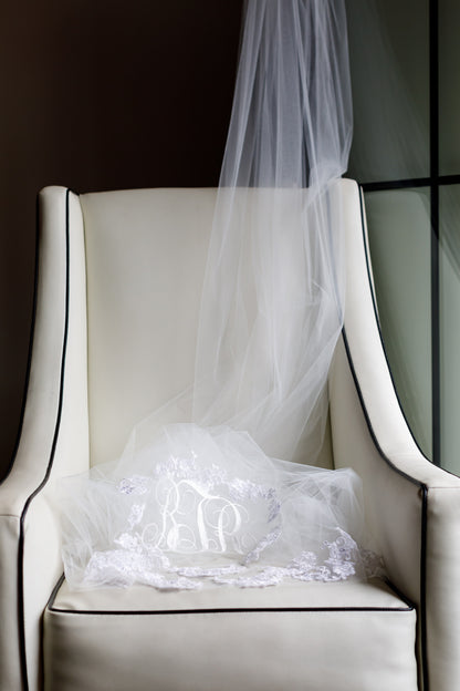 long cathedral wedding veil with monogrammed initials