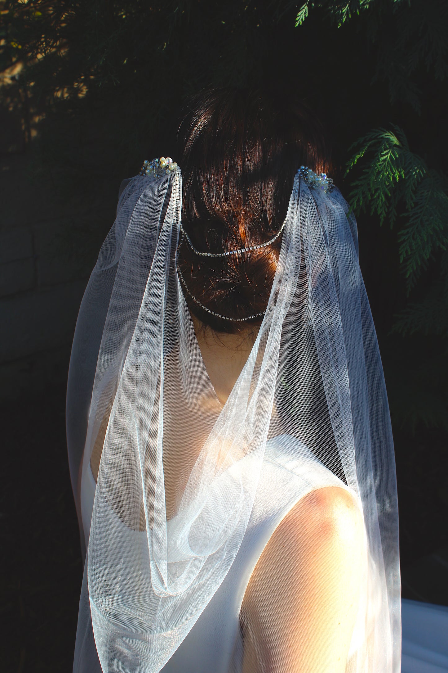 white drape cape veil with beading and draped rhinestones
