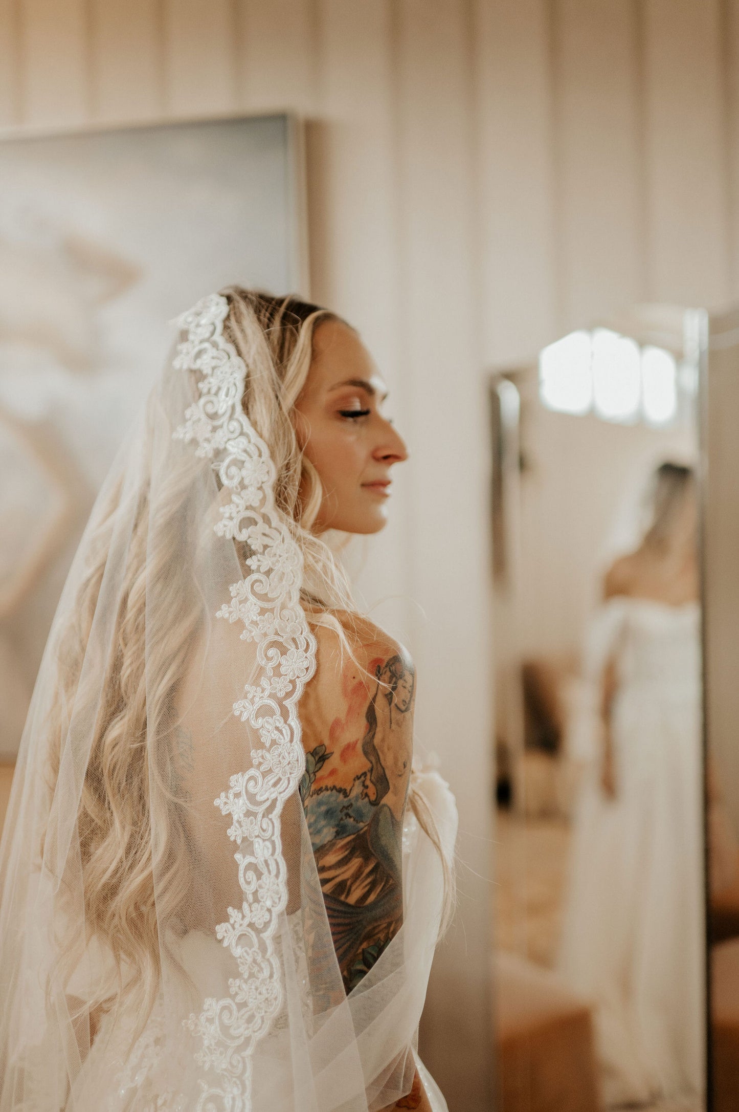 One Blushing Bride Fingertip Length Wedding Veil with Crystals, Beaded Bridal Veil Ivory / Fingertip 38-40 inch