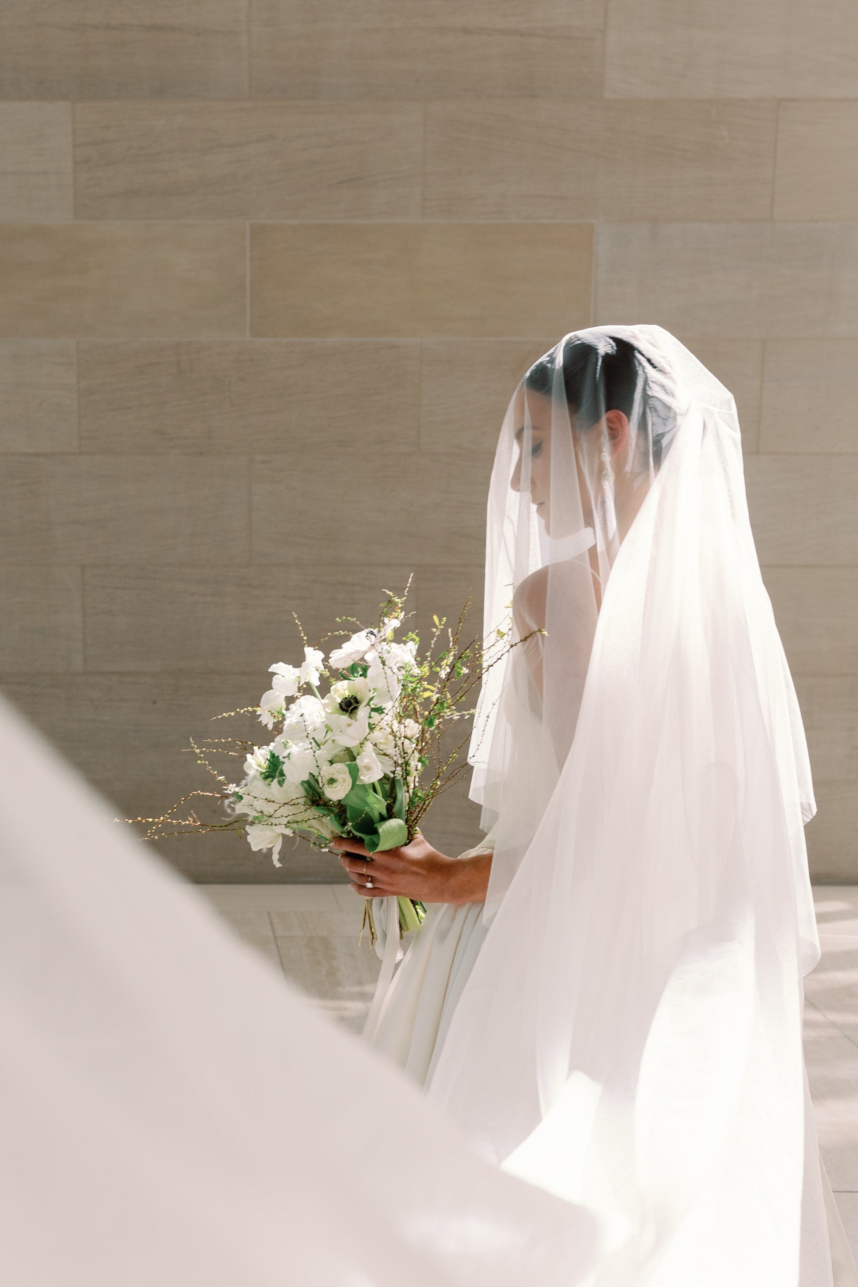 Caitlyn - two layer chapel length drop veil with a cut edge and extra long  blusher