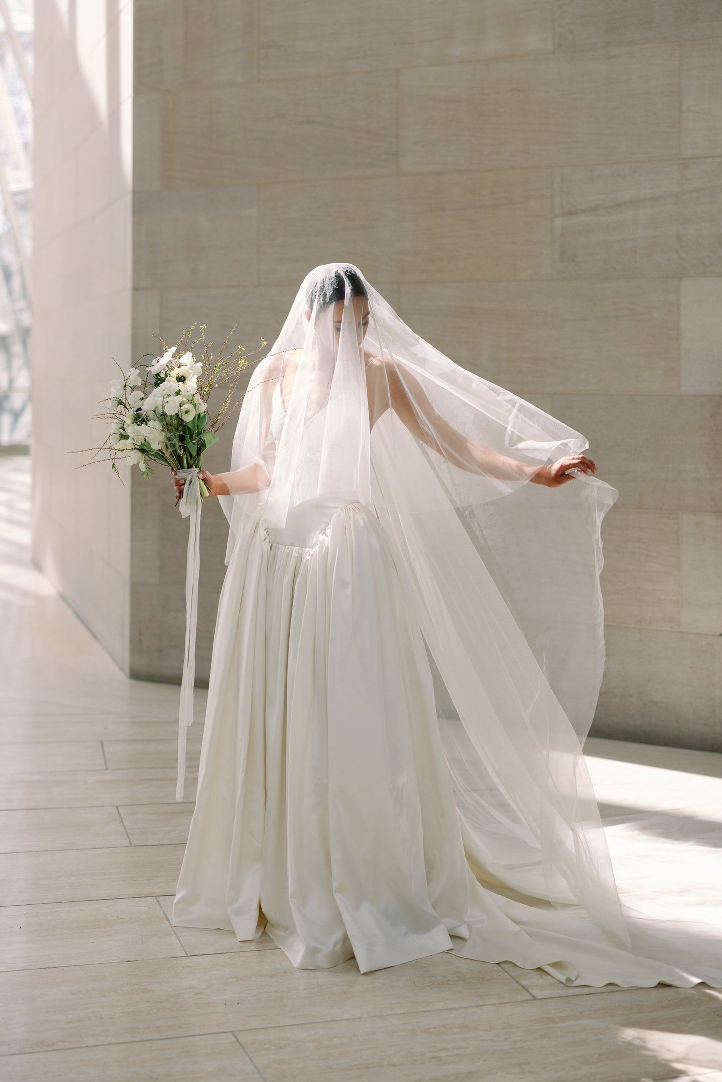 modern simple cathedral length bridal veil and drop waist bridal gown