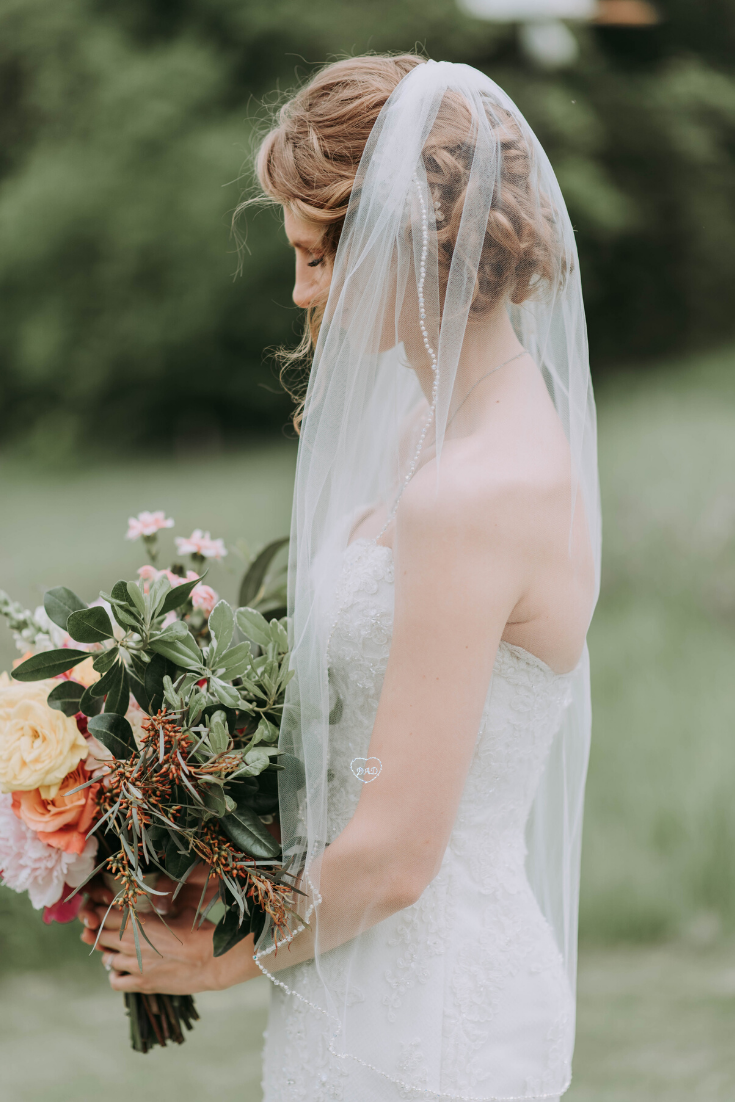 short fingertip wedding veil with custom embroidered monogram name  to honor deceased loved one