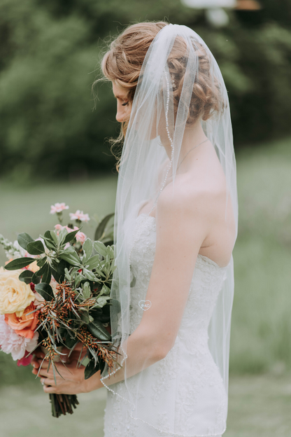 short fingertip wedding veil with custom embroidered monogram name  to honor deceased loved one