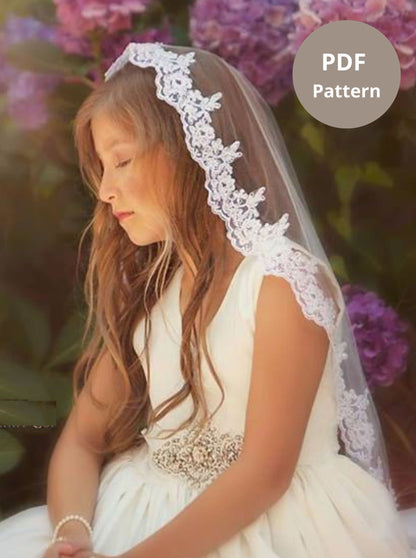 simple communion church veil pattern for little girl praying in white communion dress