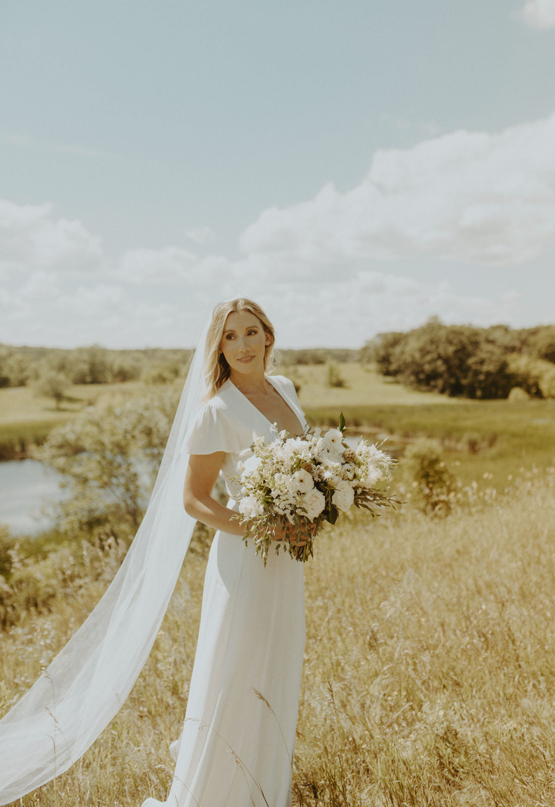 One Blushing Bride Two Tier Drop Wedding Veil, Long Veil with Blusher, Double Layer White / Chapel 90