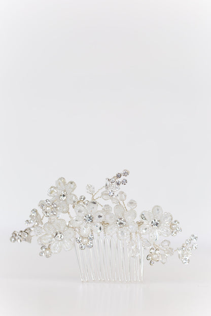 Silver Flower Hair Comb with Rhinestones & Beads