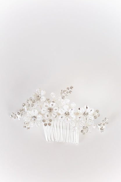 Silver Flower Hair Comb with Rhinestones & Beads
