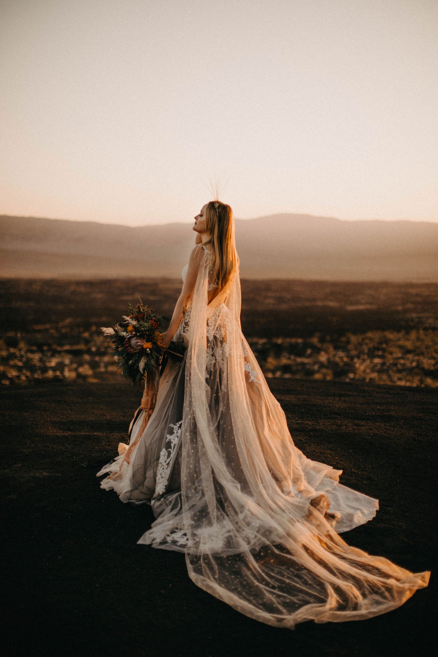 Sparkly Gold Star Draped Wedding Cape, Sheer Long Bridal Wrap with Beaded Pins