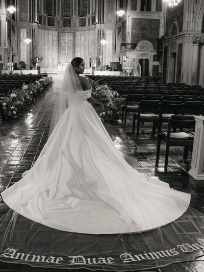 Bold Old English Embroidered Royal Length Veil with Bespoke Custom Phrase