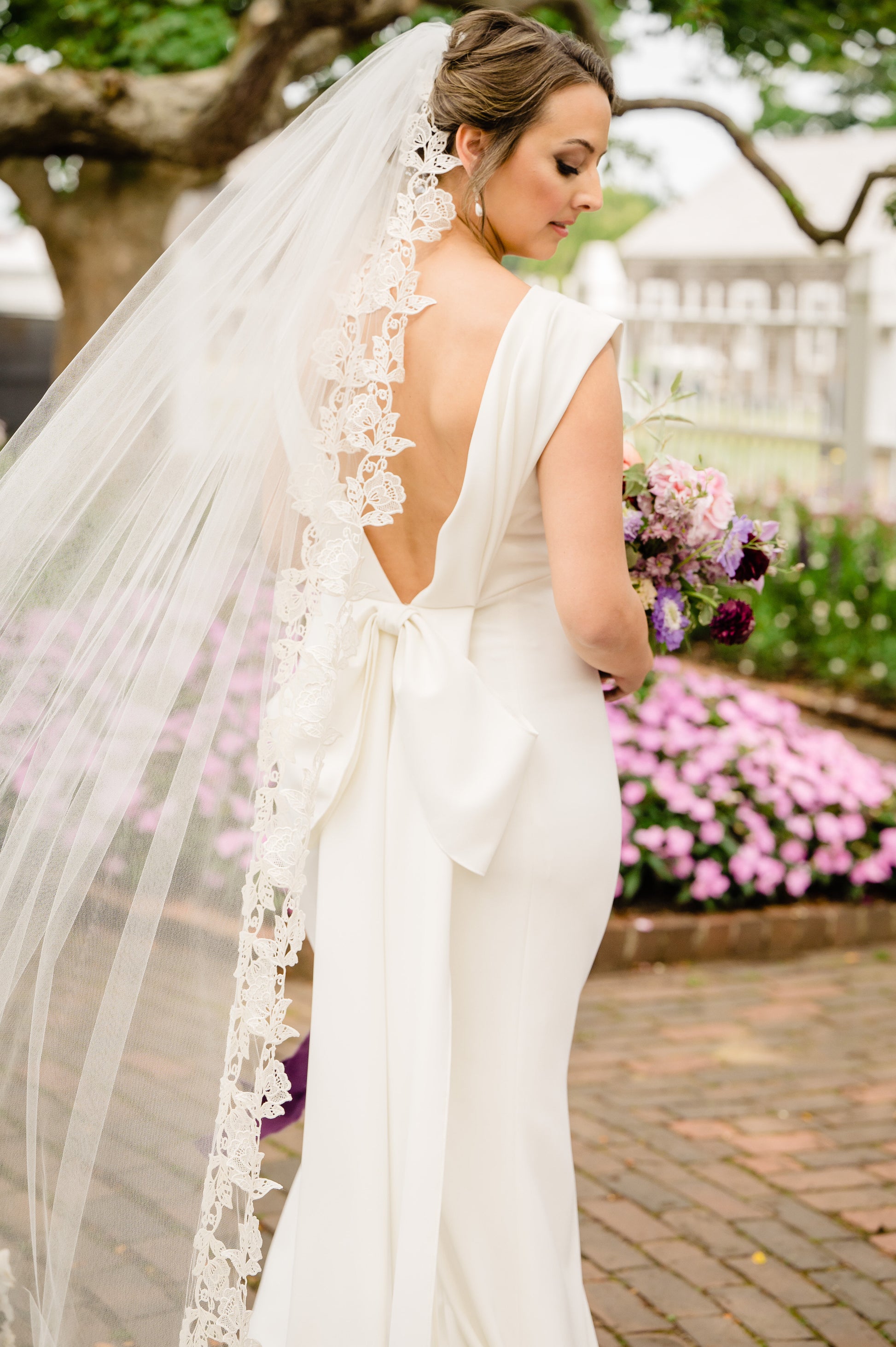 One Blushing Bride Cathedral Drop Veil with French Lace Trim and Blusher in White / Ivory Blush / 90 inch Chapel / Without Beading