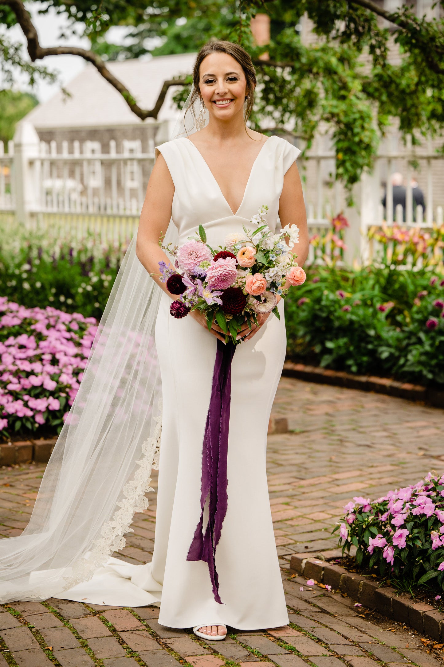 purple wedding inspiration with cathedral length long bridal veil with lace edging