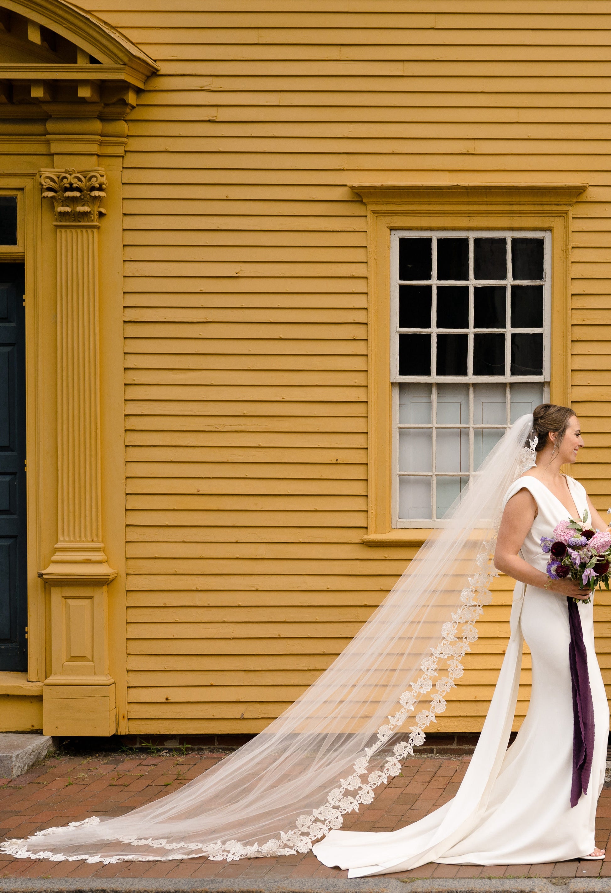 royal length long ivory cathedral length bridal veil with ethereal rose guipure lace trim edge for historic Boston wedding