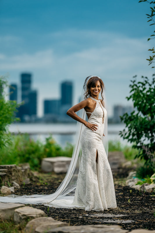 rhinestone trim royal length wedding veil for cityscape NY bride
