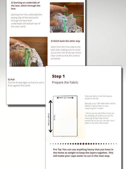 instruction sheet pattern pages for DIY communion veil shown how to sew the comb to the veil