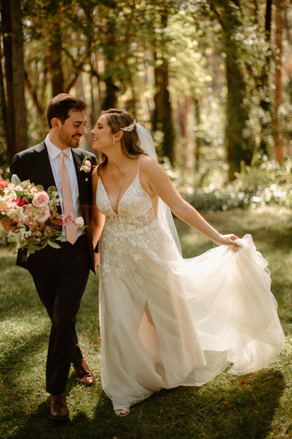 blush wedding inspiration with bride in beaded floral hair comb accessory