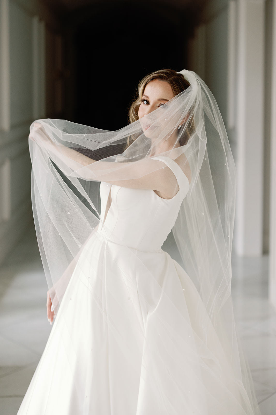 pearl beaded cathedral length bridal veil in ivory