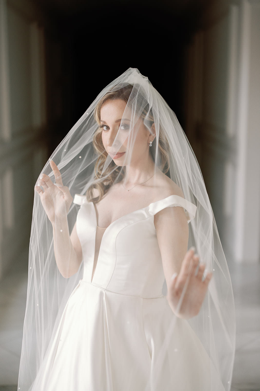 two layer long bridal veil with pearls scattered