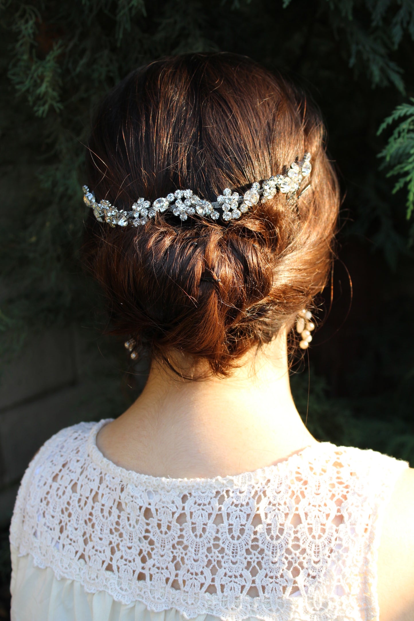 beaded crystal hair chain swag over low bun