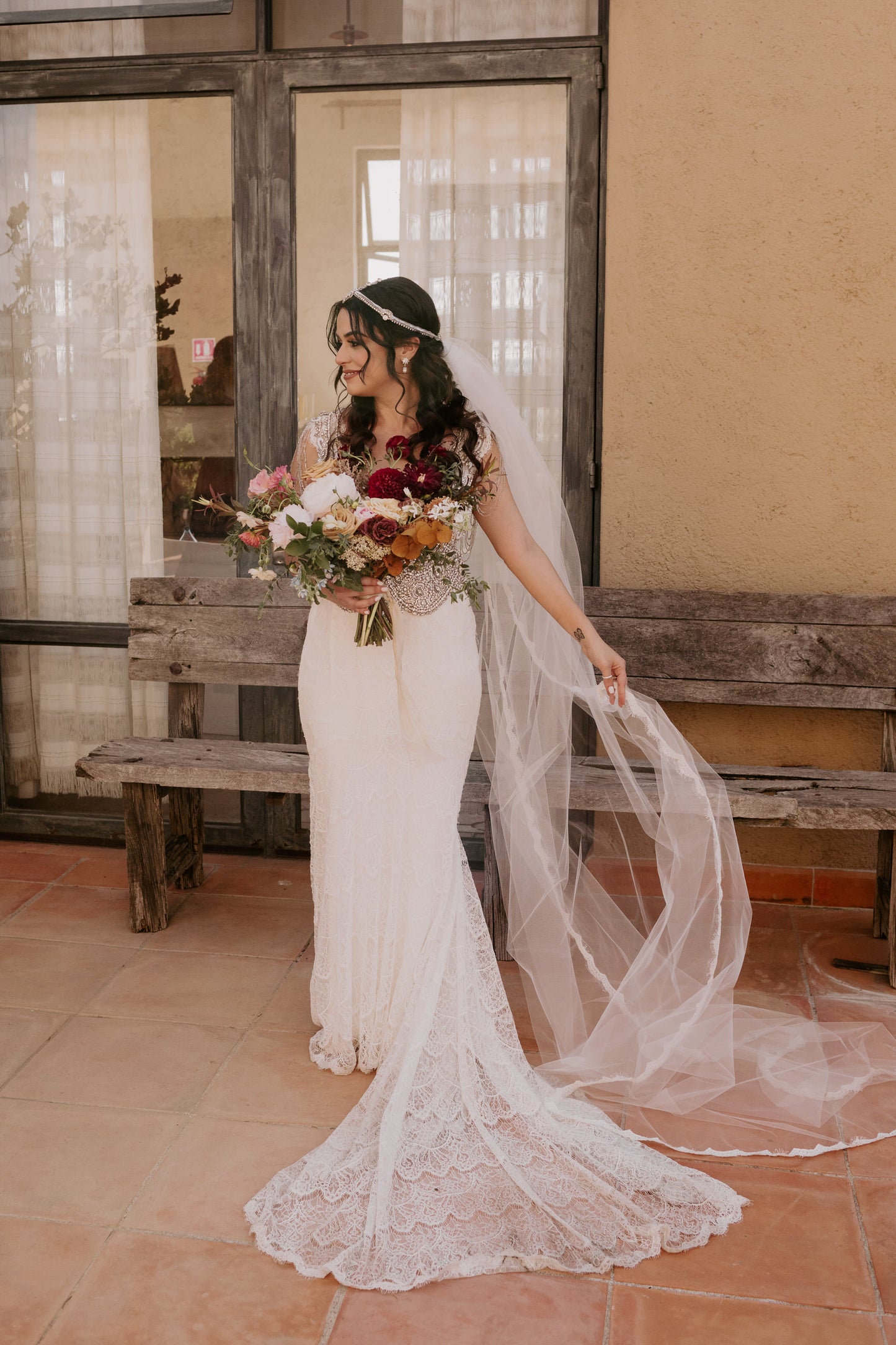 One Blushing Bride Cathedral Veil with Floral French Lace Trim, White/ Ivory White / Chapel 90 Inches / Lace on Bottom of Veil