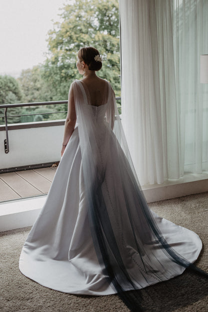 ombre dyed blue wedding cape with A line simple dress
