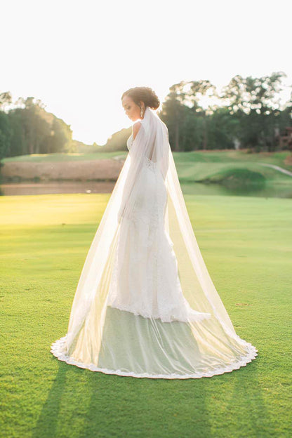 One Blushing Bride Cathedral Drop Veil with French Lace Trim and Blusher in White / Ivory White / 108 inch Cathedral / Without Beading