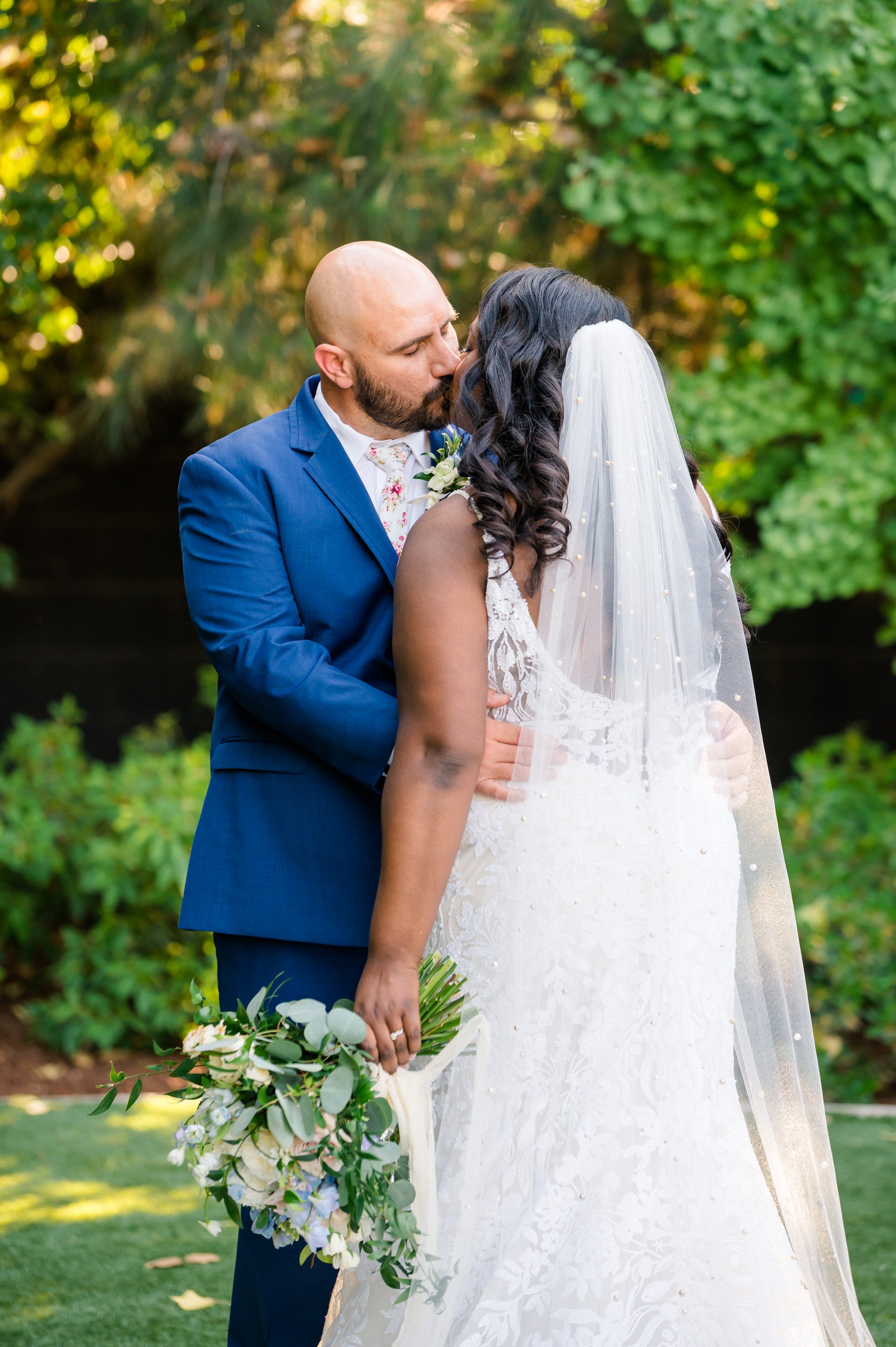 pearl chapel length wedding veil in curled hair down